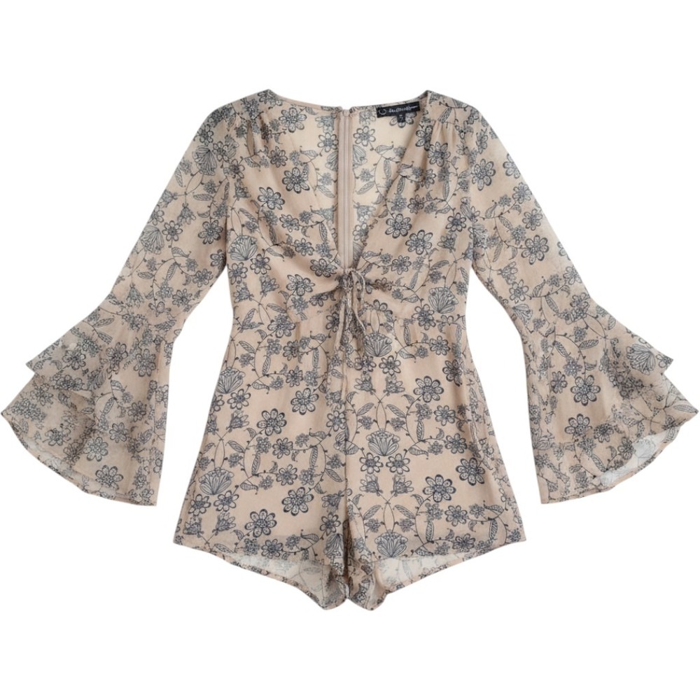 For Love & Lemons Romper S Nude Floral Bell Sleeve Boho Cottagecore Soft Girl